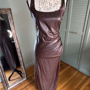 SHEIN Chocolate Brown Faux Leather Midi Dress